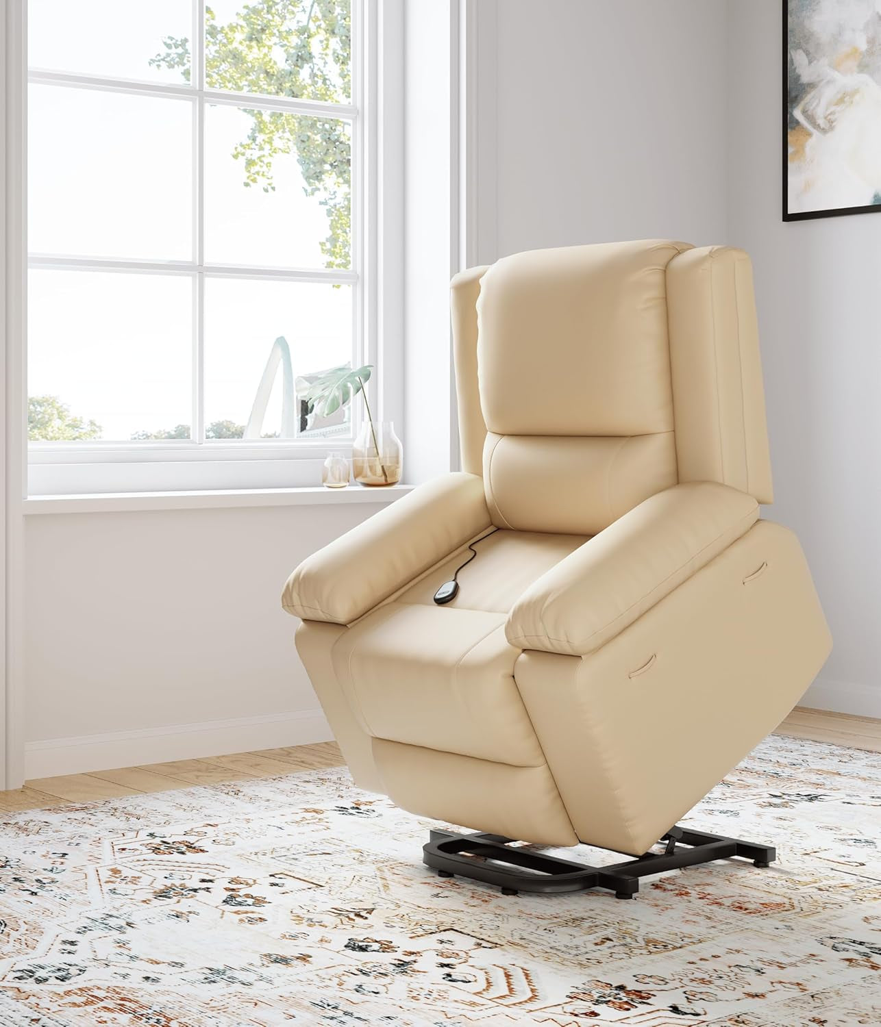 Oversized Faux Leather Power Lift Recliner W/Massage and Heat for Elderly, Recliner Chairs with Pockets for Living Room (Beige, Large)-0