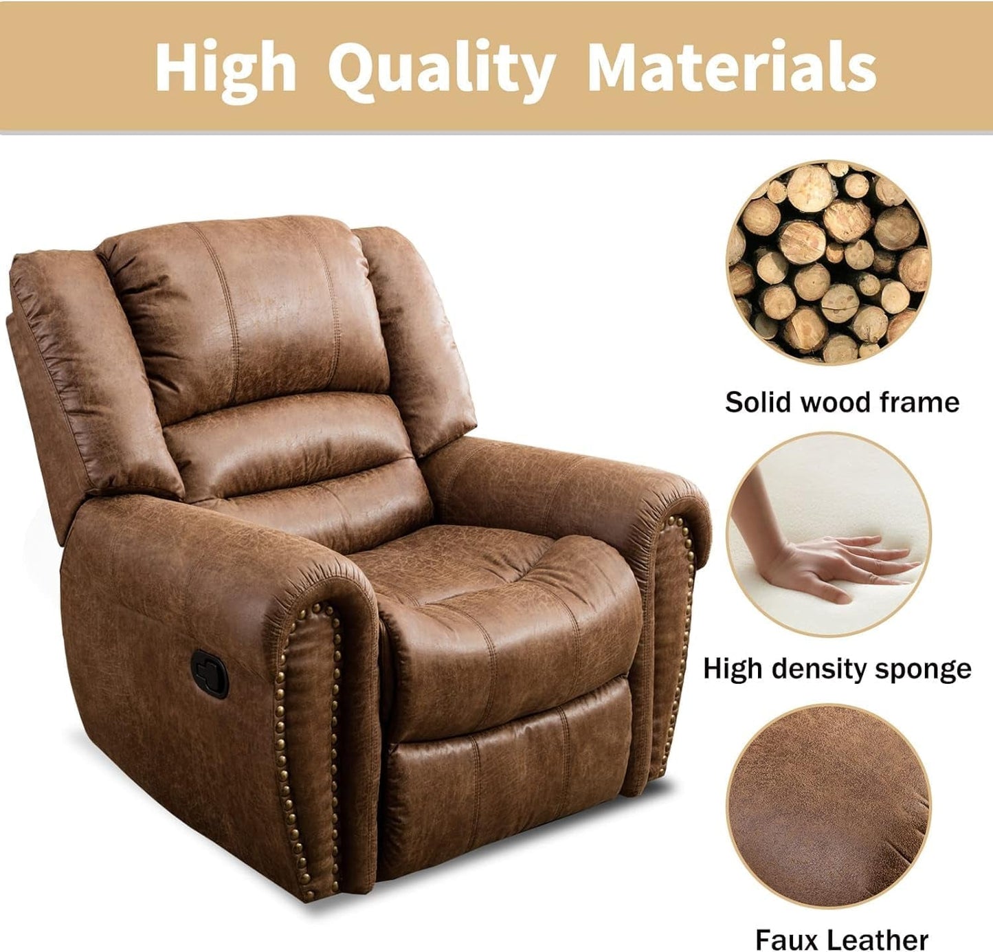 Leather Recliner Chair Set of 2, Classic and Traditional Manual Recliner Chair with Comfortable Arms and Back,Manual Single Recliner Sofa for Living Room, Nut Brown-3