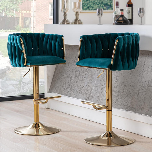 Modern Swivel Bar Stools Set of 2, Velvet Adjustable Height Barstool with Barrel Back Kitchen Island Counter Bar Chair with Golden Base, Teal Green-0