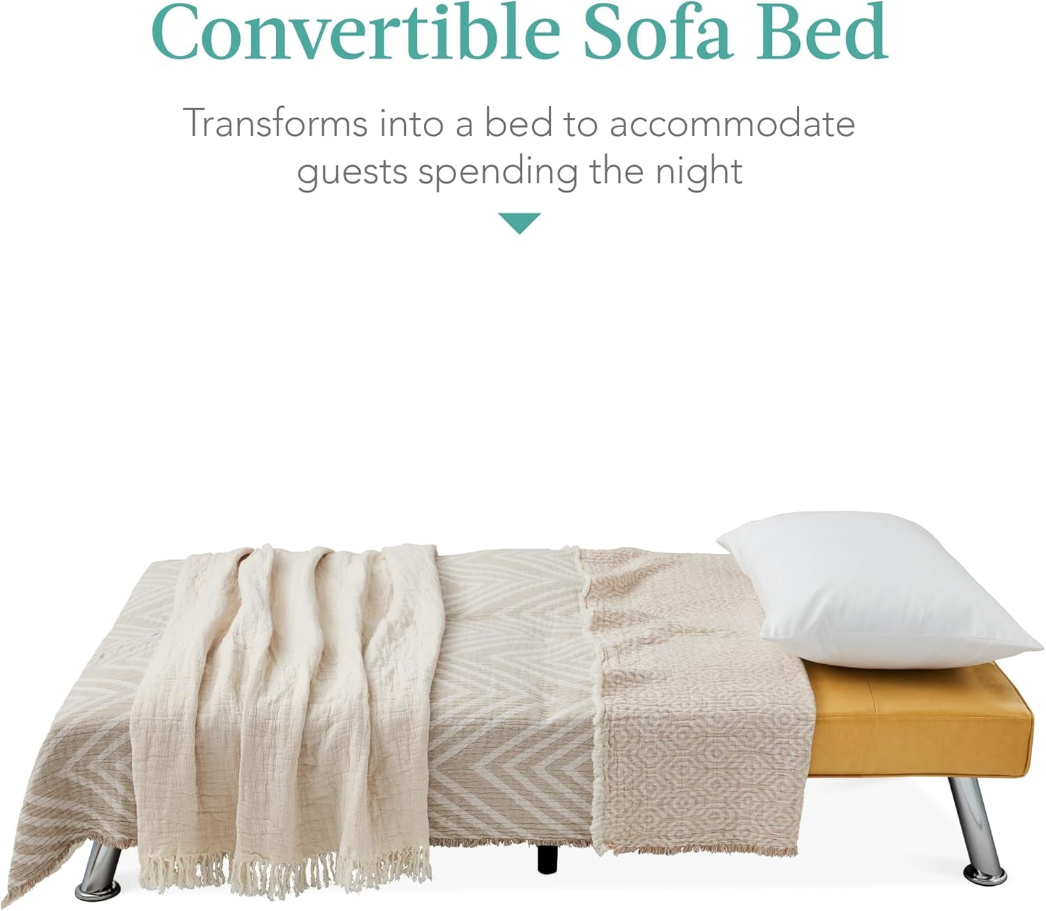 Faux Leather Upholstered Modern Convertible Futon, Adjustable Folding Sofa Bed, Guest Bed W/Removable Armrests - Camel Yellow-4