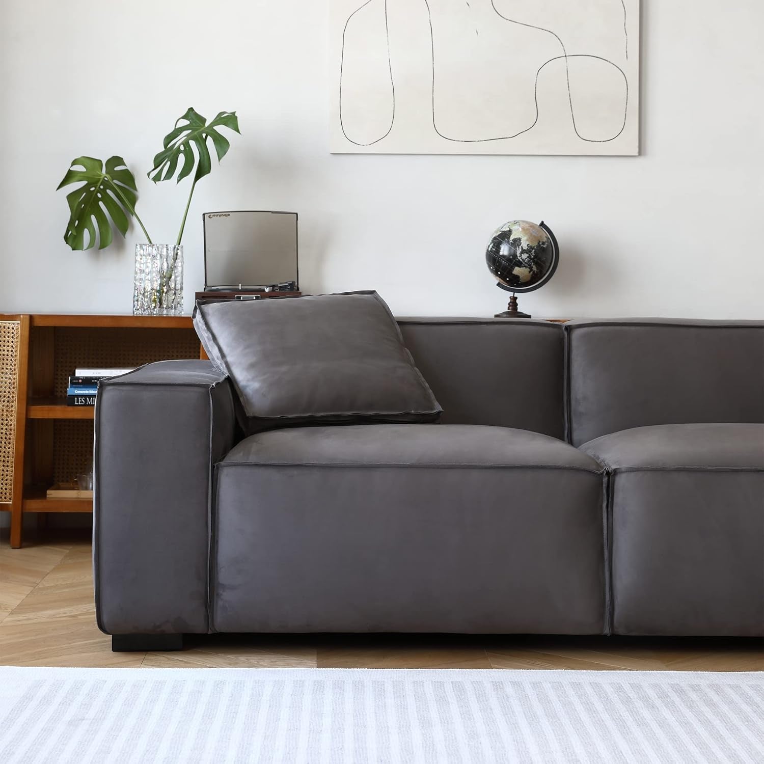 Modern L-Shaped Deep Sectional Sofa Furniture Set for Living Room Lounge, Minimalist Style Comfy Suedette Upholstery Corner Couch with Chaise, Dark Grey-4