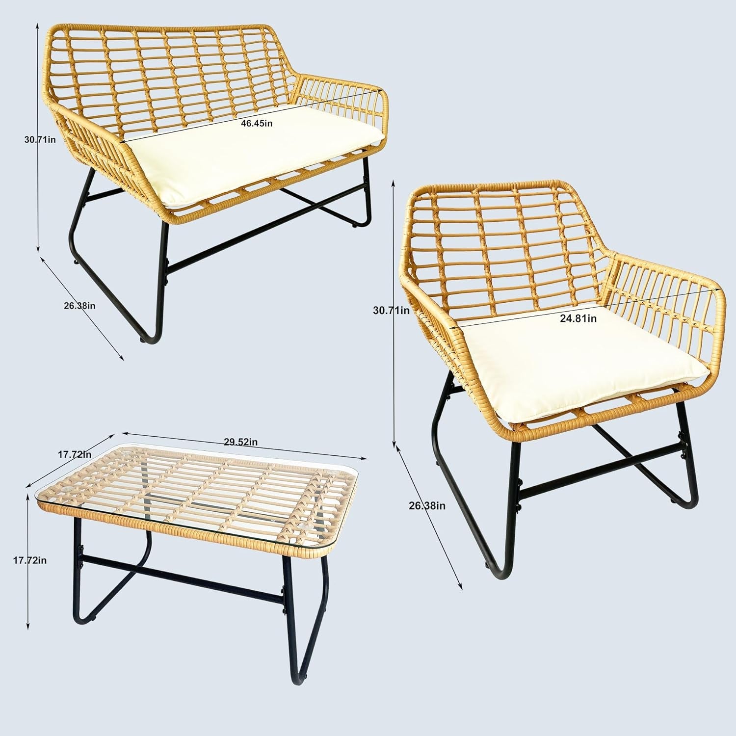 4 Piece Rattan Patio Furniture Set,Indoor/Outdoor Wicker Conversation Set with Loveseat,Chairs and Table for Garden,Porch,Yard and Poolside with White Soft Cushions-3