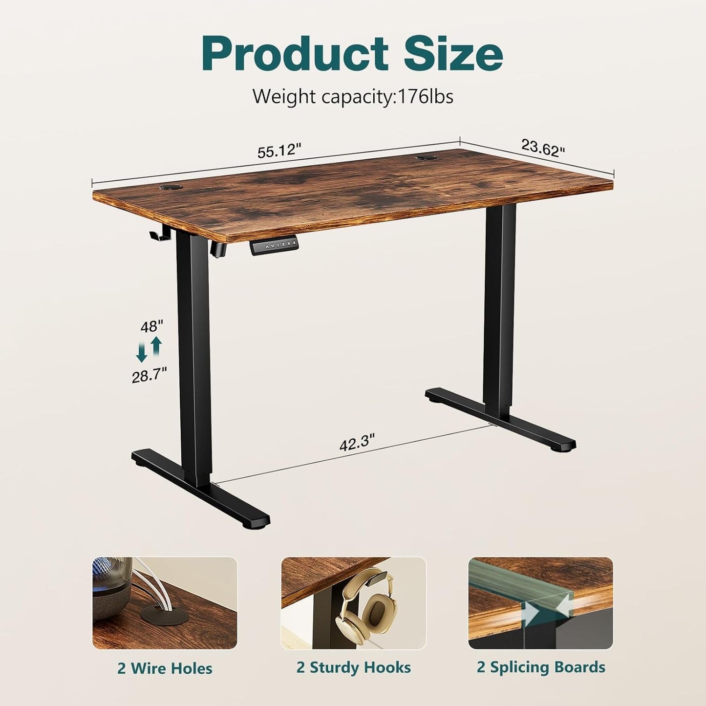 Standing Desk, Adjustable Height Electric Sit Stand up down Computer Table, 55X24 Inch Ergonomic Rising Modern Lift Motorized Gaming Desktop Workstation for Work Home Office, Brown-2
