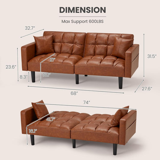 Faux Leather Futon Couch, Convertible Sofa Bed with Adjustable Back, Modern Sleeper Sofa for Living Room, Brown-1