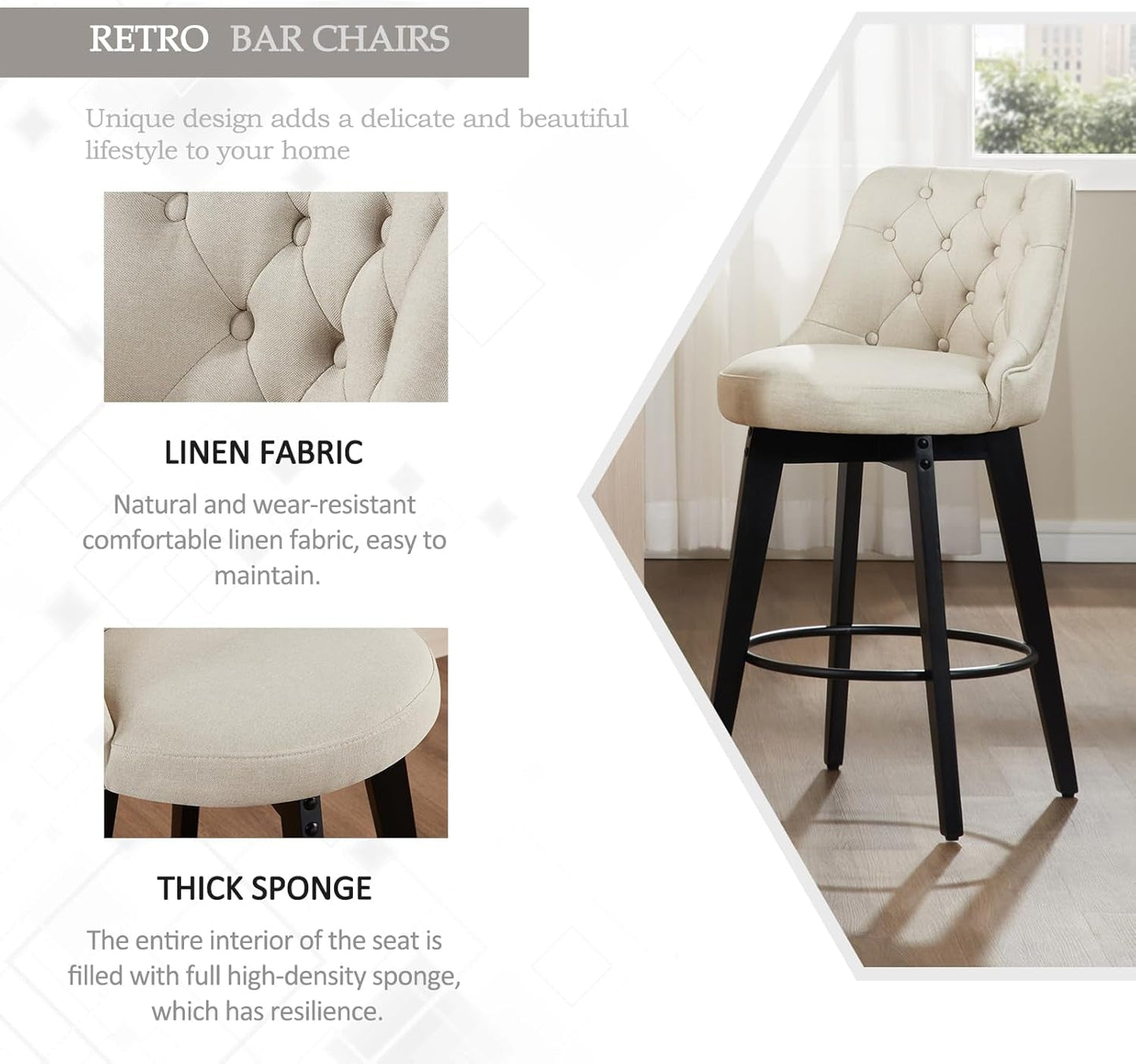 Swivel Bar Stools Set of 4, Linen Counter Height Bar Stools with Back, Wooden Bar Stools for Kitchen Island, Upholstered Bar Stools (Beige)-2