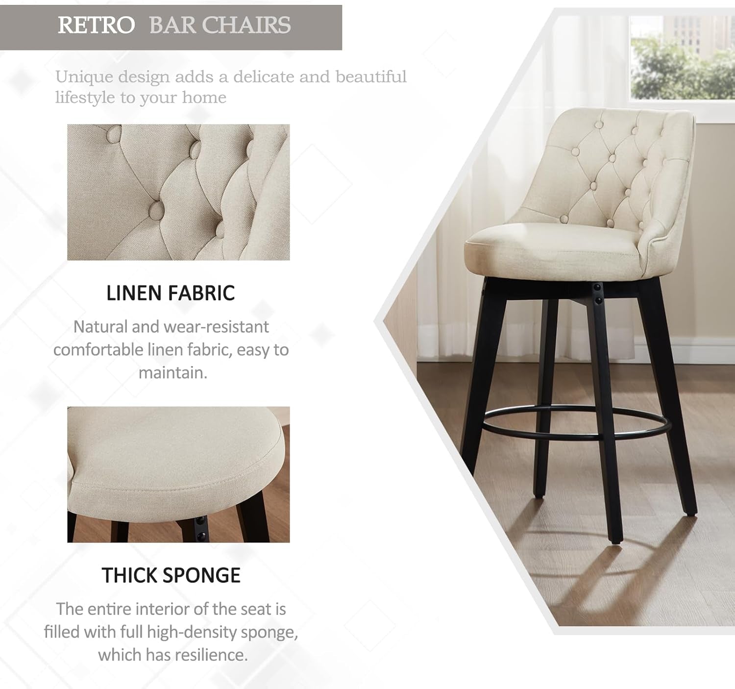 Swivel Bar Stools Set of 4, Linen Counter Height Bar Stools with Back, Wooden Bar Stools for Kitchen Island, Upholstered Bar Stools (Beige)-2