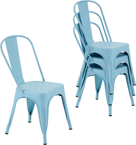 Set of 4 Metal Dining Chairs, Farmhouse Tolix Style, Indoor/Outdoor, Blue-0