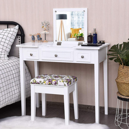 White Vanity Set with Flip Top Mirror and Drawers-0