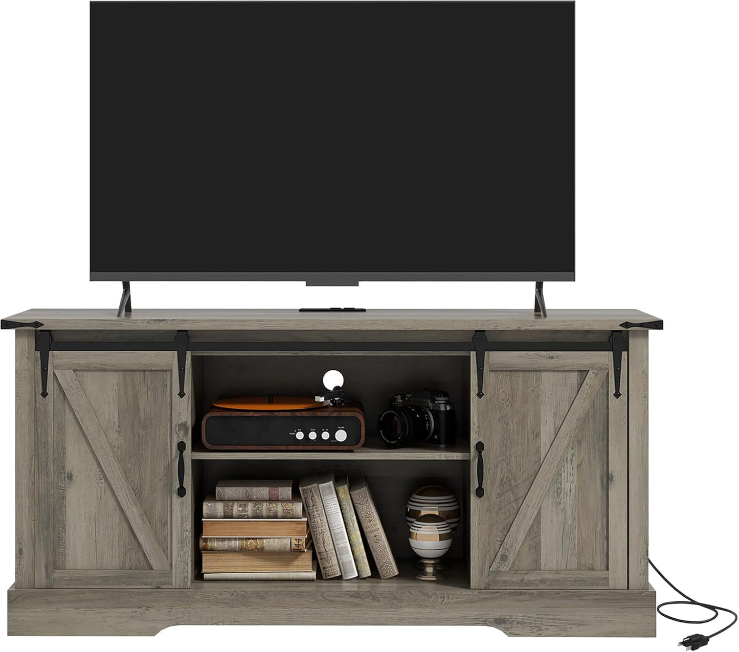TV Stand Cabinet for Tvs up to 65 Inch, Entertainment Center with Charging Station, 59" Farmhouse Media TV Console Table with Sliding Barn Doors, Adjustable Shelves, Gray-0