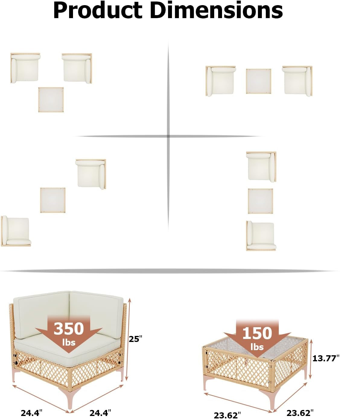 Wicker Outdoor Patio Loveseat , Bohemia Patio Sectional Furniture Set, All-Weather Rattan Patio Couch 2 Seater with Lumbar Pillows, Outdoor Sofa with Large Coffee Glass Table for Patio, Balcony-4