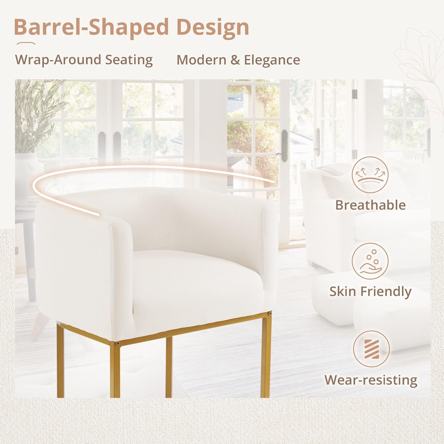 27" H Counter Height Bar Stools, Modern Barrel Counter Stools with Backrest and Arms, Gold Metal Frames, Linen Fabric Upholstered Accent Barstools for Kitchen Island, Beige-4