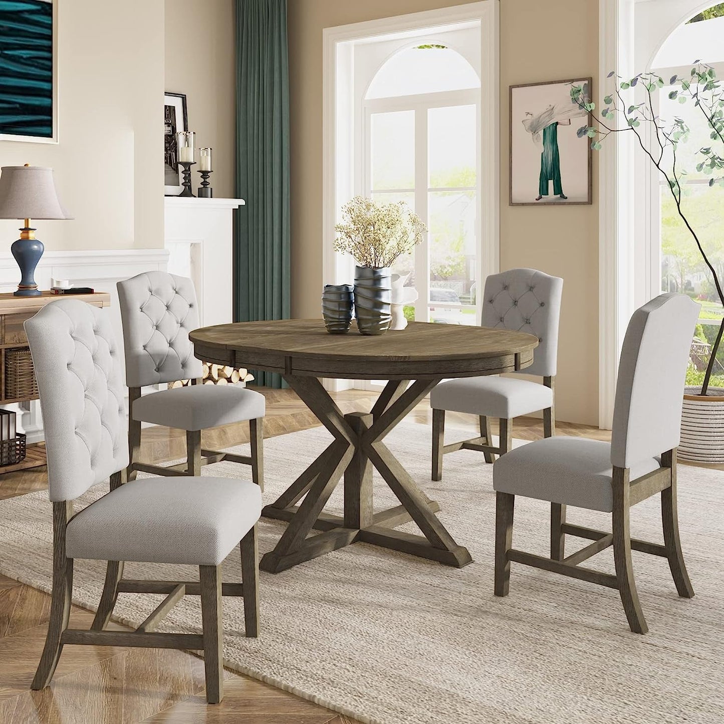 Farmhouse 5-Piece Dining Table Set with Extendable Table and 4 Comfortable Upholstered Chairs-2