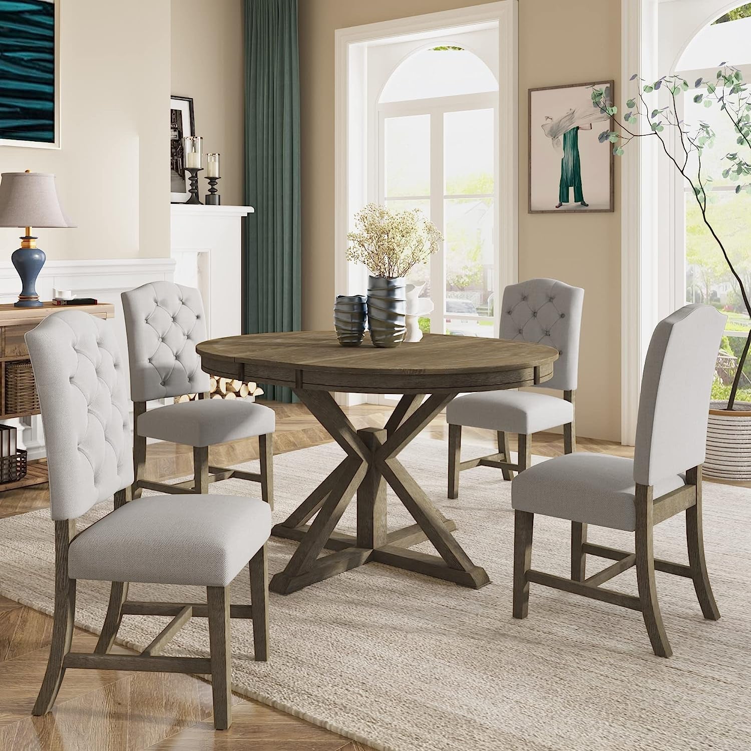 Farmhouse 5-Piece Dining Table Set with Extendable Table and 4 Comfortable Upholstered Chairs-2