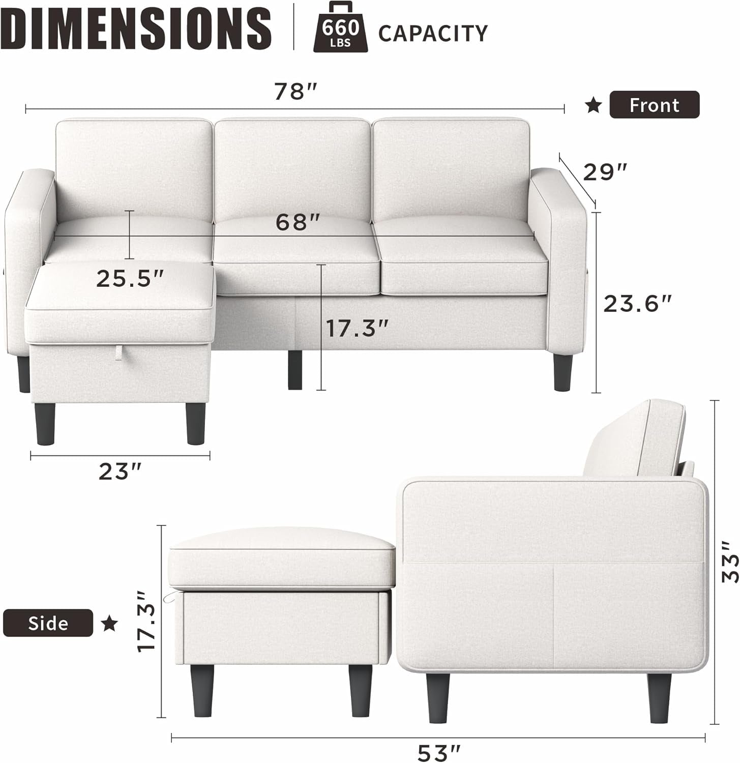 Sectional Couches for Living Room - L Shaped Couch with Storage Ottoman Beige 3 Seat Sofa Modern Futon Sleeper Sofas Furniture Set for Small Spaces Apartment Studio-1
