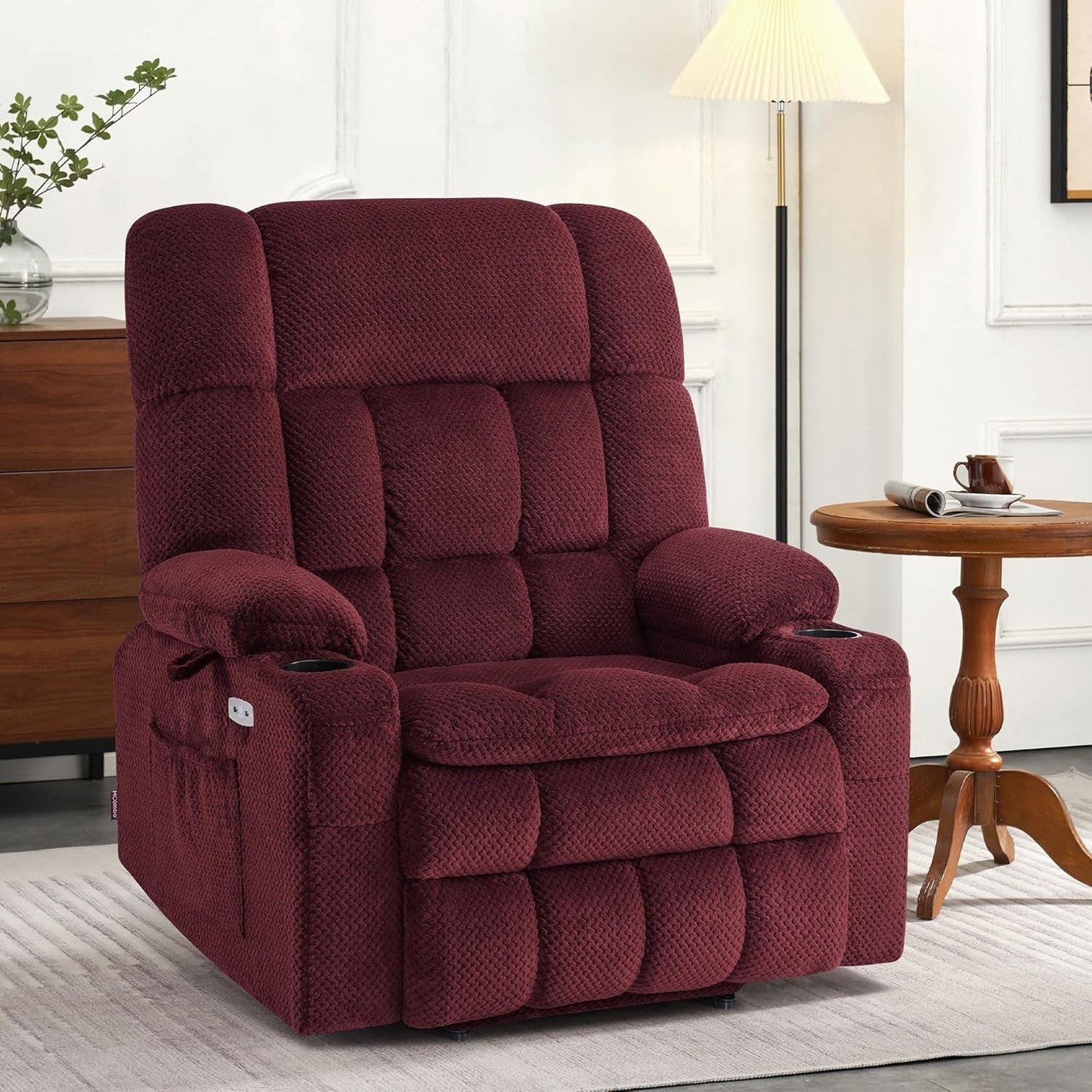 Large Dual Motor Power Lift Recliner Chair Sofa with Massage and Heat for Big Elderly People, Infinite Position, USB Ports, Fabric R7891 (Large-Wide, Burgundy)-1