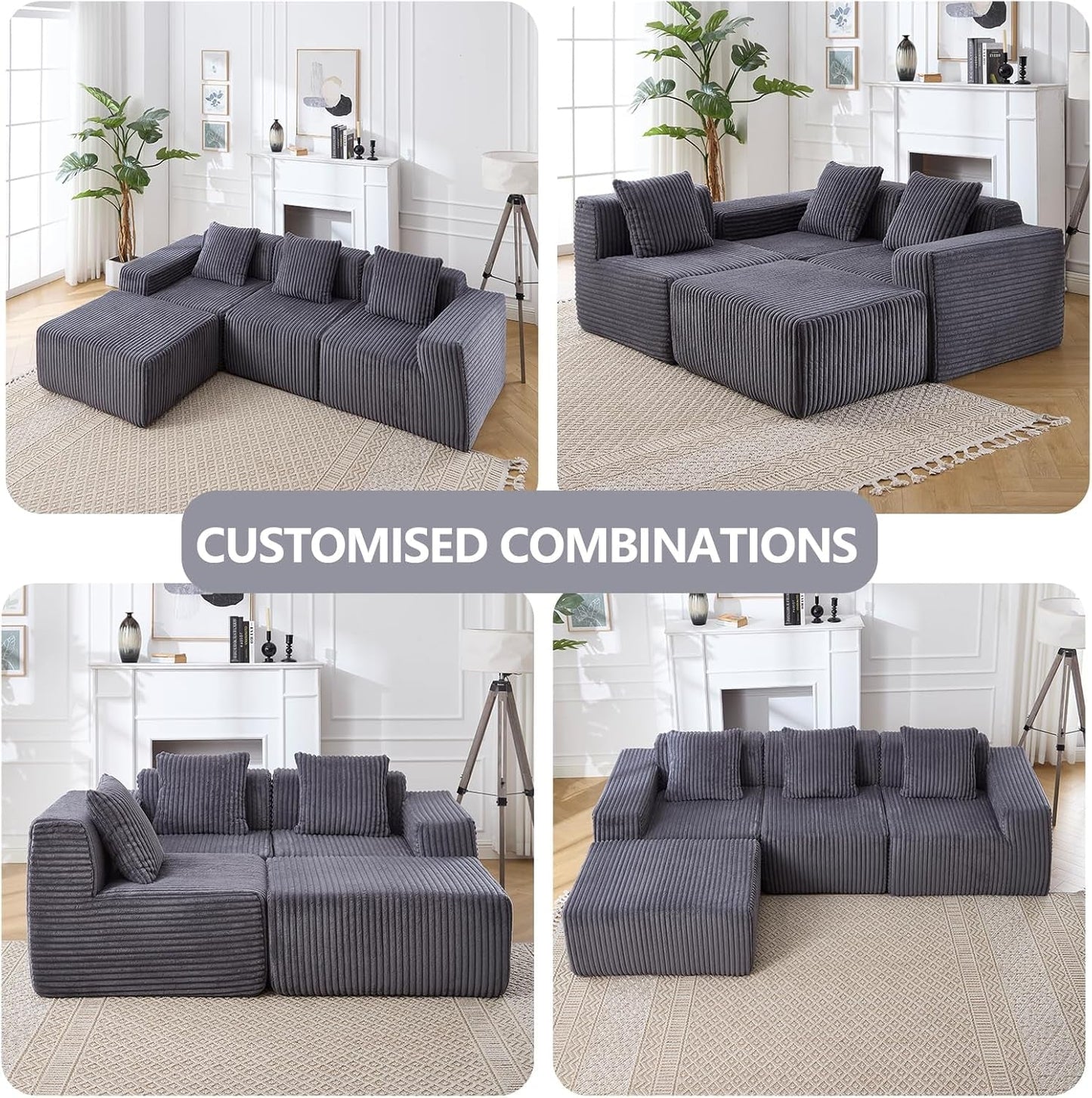 101'' Modular Sectional Sofa, Corduroy Cloud Couch with Ottomans, 3-Seater Convertible L-Shape Sofa with 3 Pillows, Sponge Compression Sofas for Living Room, No Assembly Required, Dark Gray-2