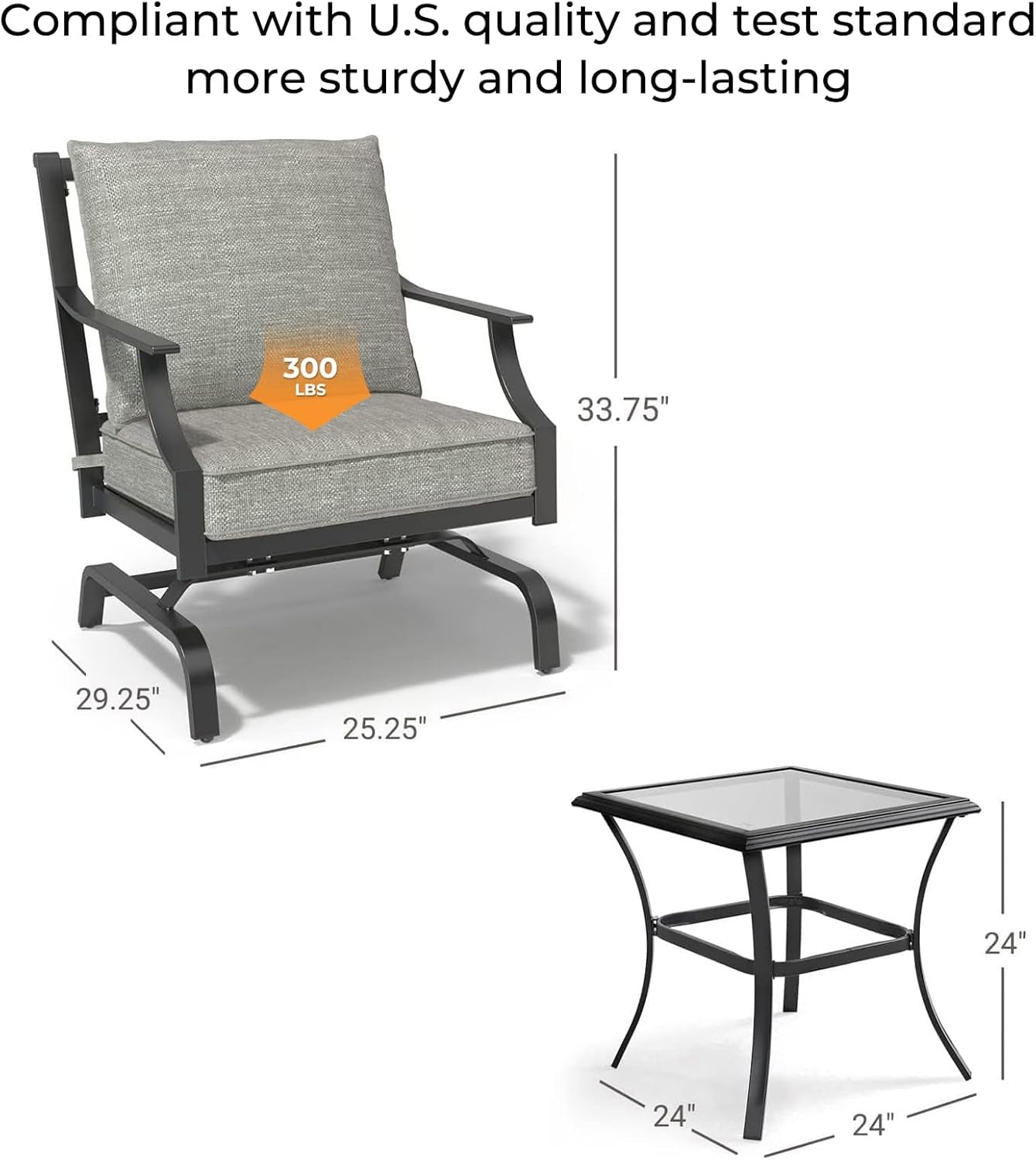 3-Piece Furniture Seating Motion Chairs Set Outdoor Bistro Set Patio Conversation Sets Glider Rocking Chair with Comfortable Gray Cushions Square Coffee Table for Garden Lawn & Poolside-4