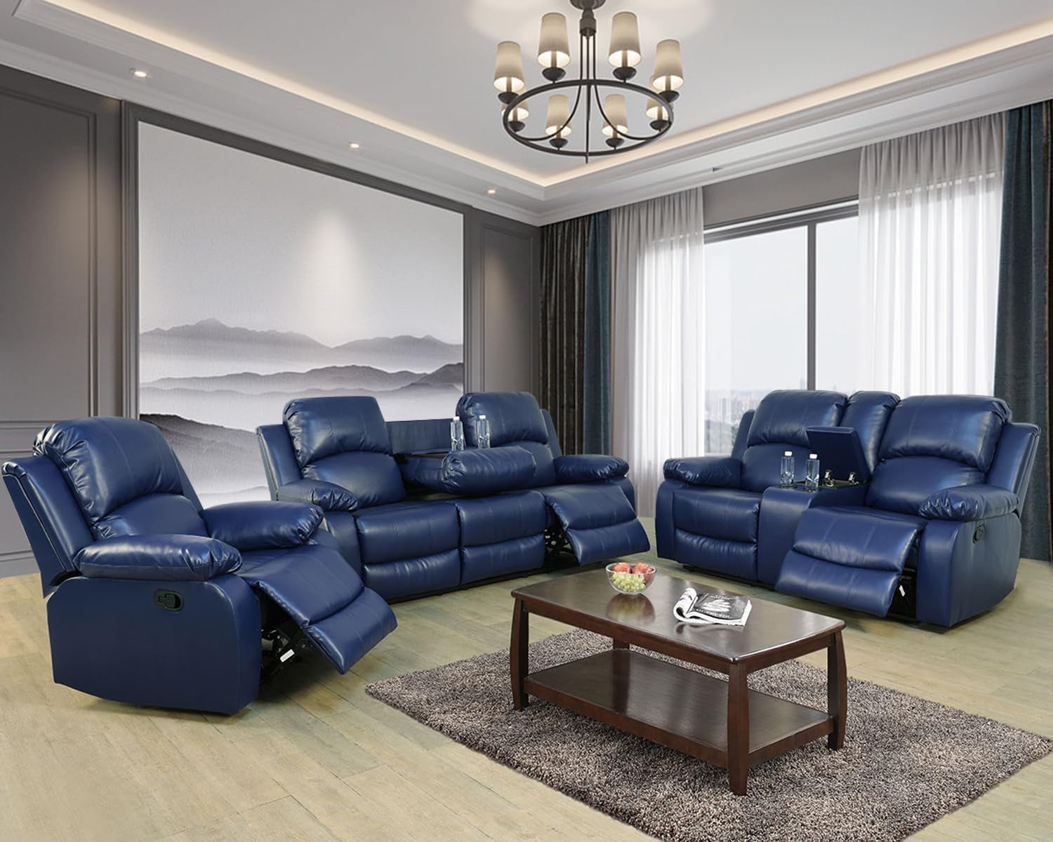 Leather Recliner Sofa Set, Living Room Furniture Set, Leather Reclining Sofa Recliner Couch for Office Home (Sofa+Loveseat+Chair, Blue)-0