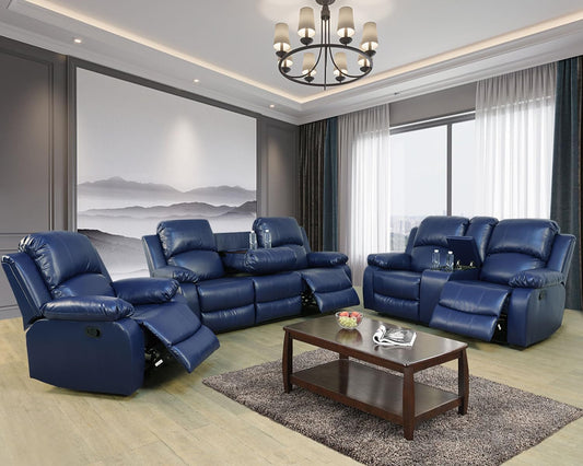 Leather Recliner Sofa Set, Living Room Furniture Set, Leather Reclining Sofa Recliner Couch for Office Home (Sofa+Loveseat+Chair, Blue)-0