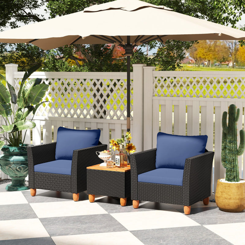 3 Pieces Patio Wicker Furniture Set with Cushions and Acacia Wood Coffee Table Outdoor-1