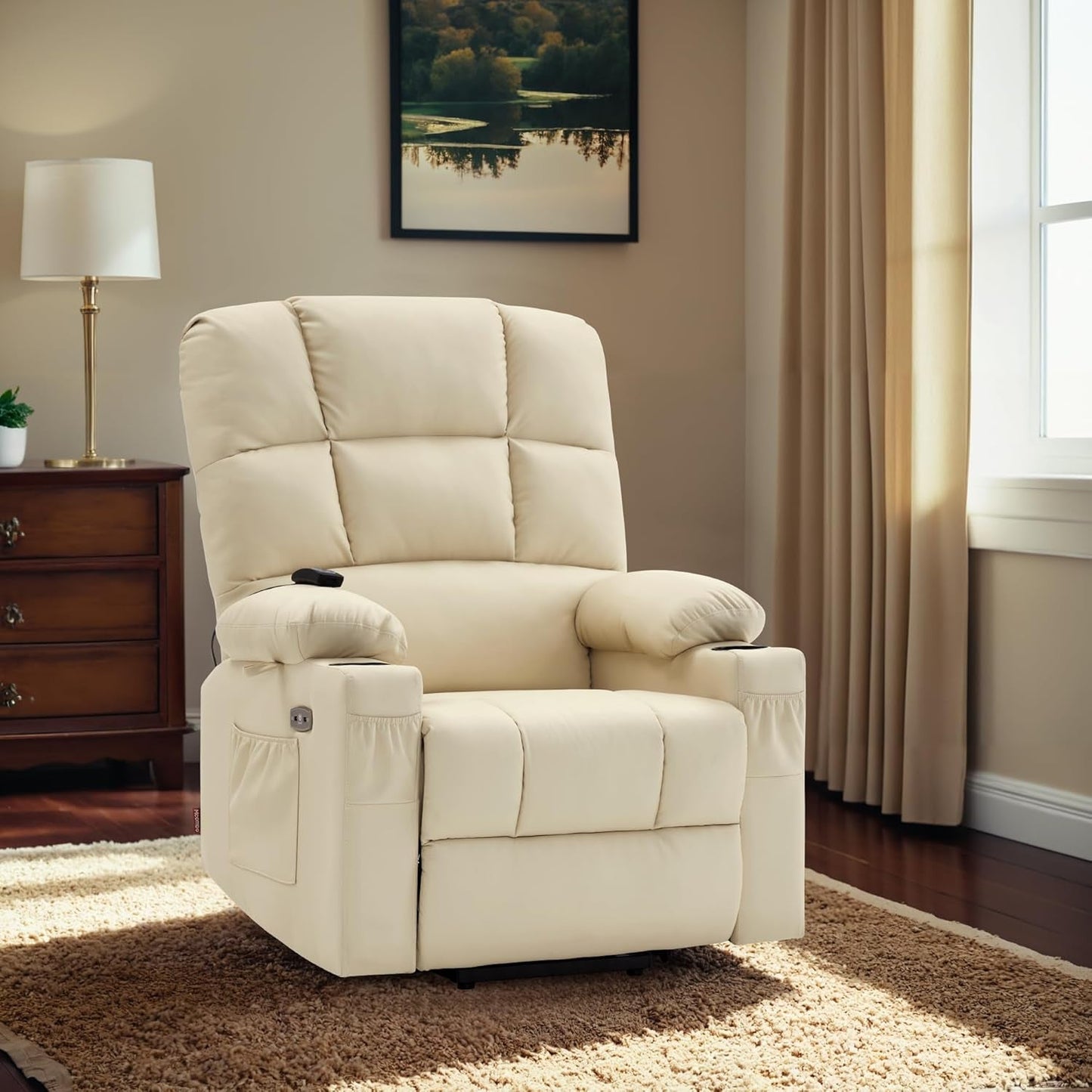 Large Lay Flat Dual Motor Power Lift Recliner Chair Sofa with Massage and Heat for Elderly People, Infinite Position, Faux Leather 7680 (Cream White, Large)-1