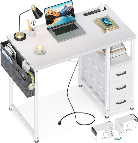 32-Inch Small Vanity Desk with Fabric Drawers and Charging Station, Kids Girls Teen Study Writing Desk for Bedroom, Home Office Computer Desk with Storage Shelf & Bag for Small Space, White-0