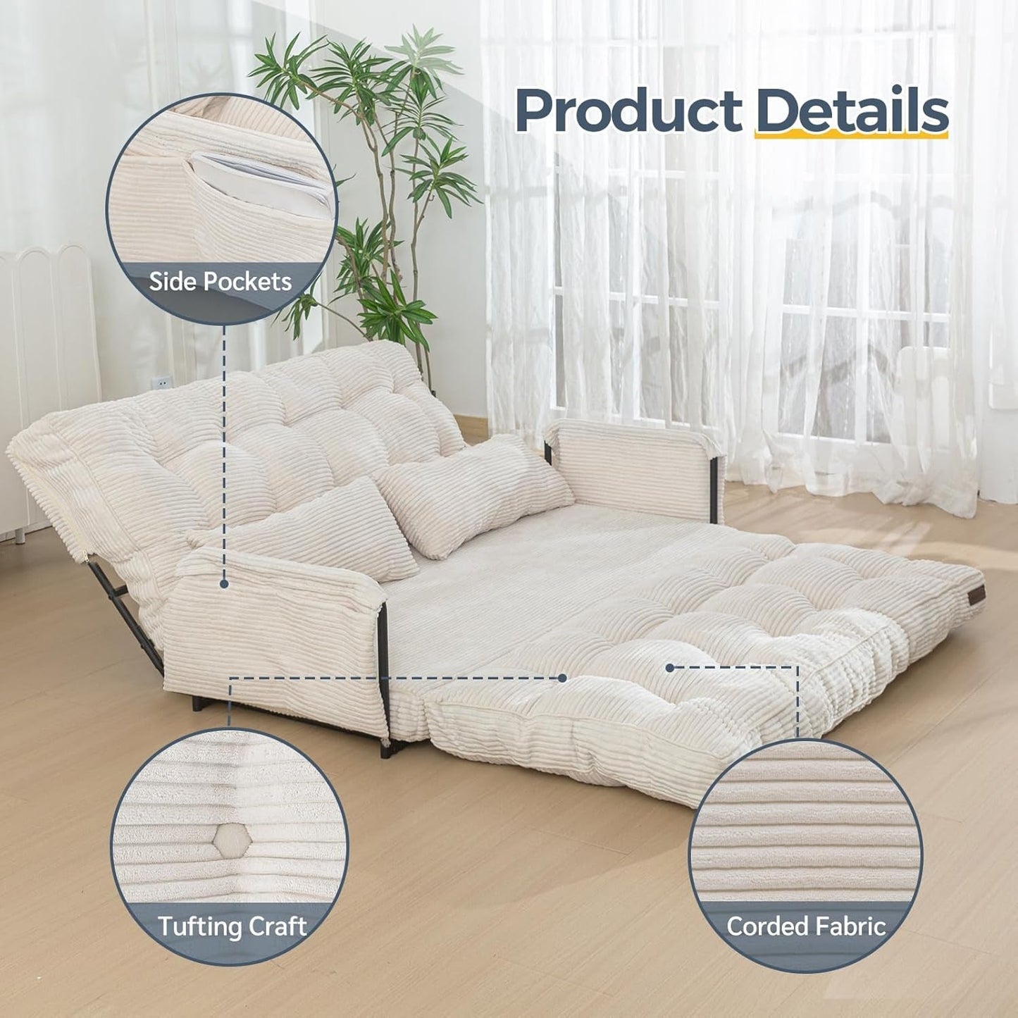 Adjustable Floor Sofa Couch with 2 Pillows, Multi-Functional Bean Bag Bed, 5-Position Foldable Lazy Sofa Sleeper Bed with Armrest Versatile Floor Seating Sofa for Reading Gaming, Beige, Double-3