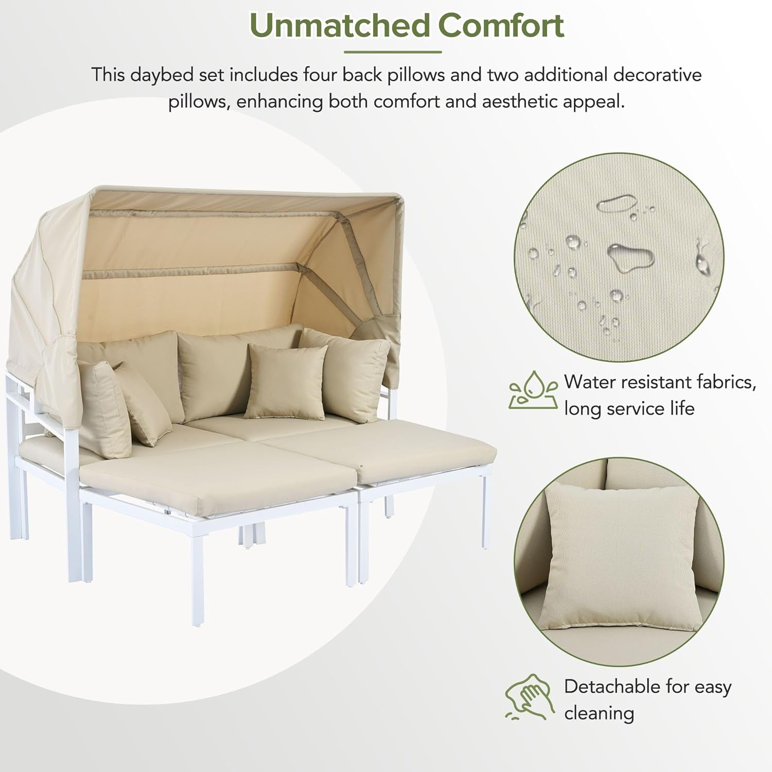 3-Piece Patio Daybed with Retractable Canopy and Cushions, Outdoor Metal Sectional Sofa Set Sun Lounger for Backyard, Porch, Poolside, Beige-3