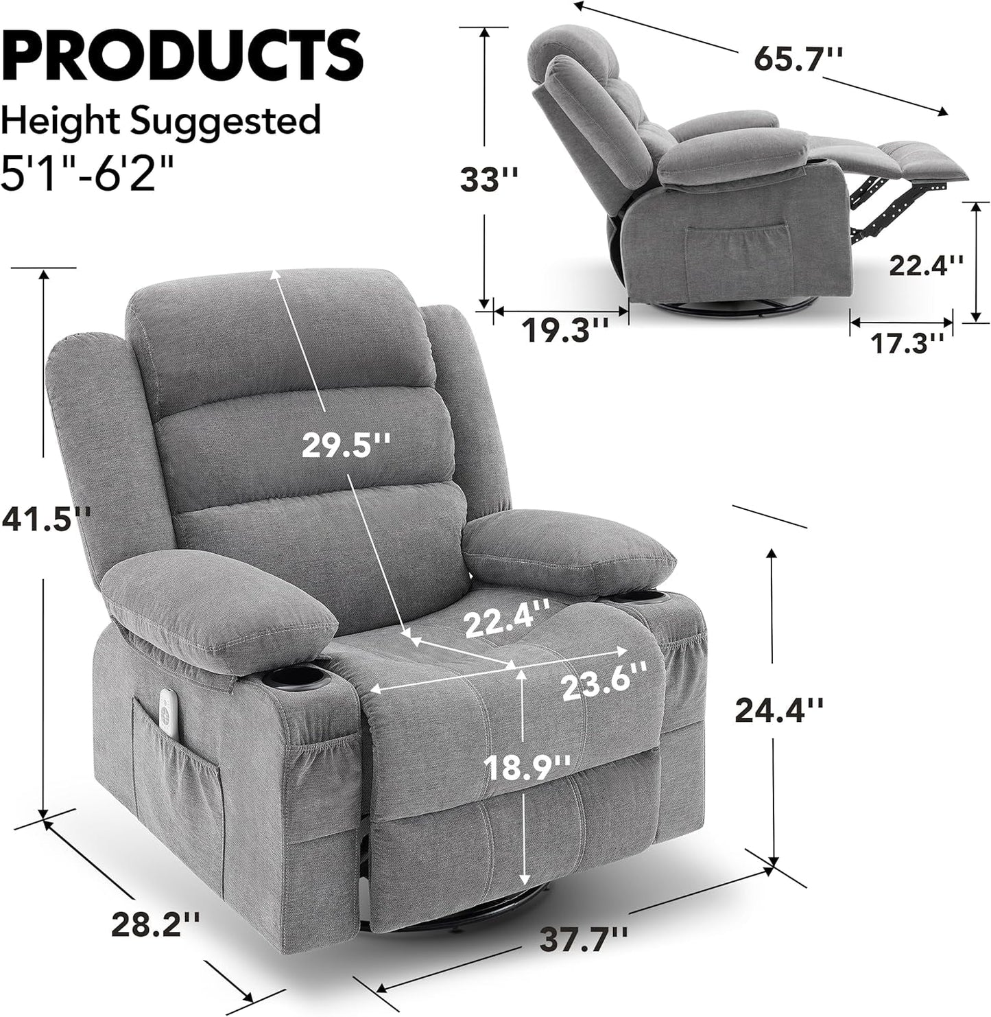 Rocker Recliner Chair with Heat and Massage, 360° Swivel Recliner Chairs for Adults, Oversized Recliner Single Sofa Seat with Cup Holders, Lazy Boy Recliner Single Sofa Seat, Grey-1