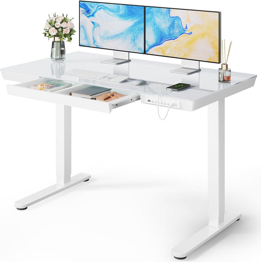 Glass Standing Desk with Drawer, 48 X 24 Inch Electric Standing Desk, Height Adjustable Desk with One-Piece Tabletop & USB Charging Ports, Sit Stand Desk with Storage for Home & Office White-0
