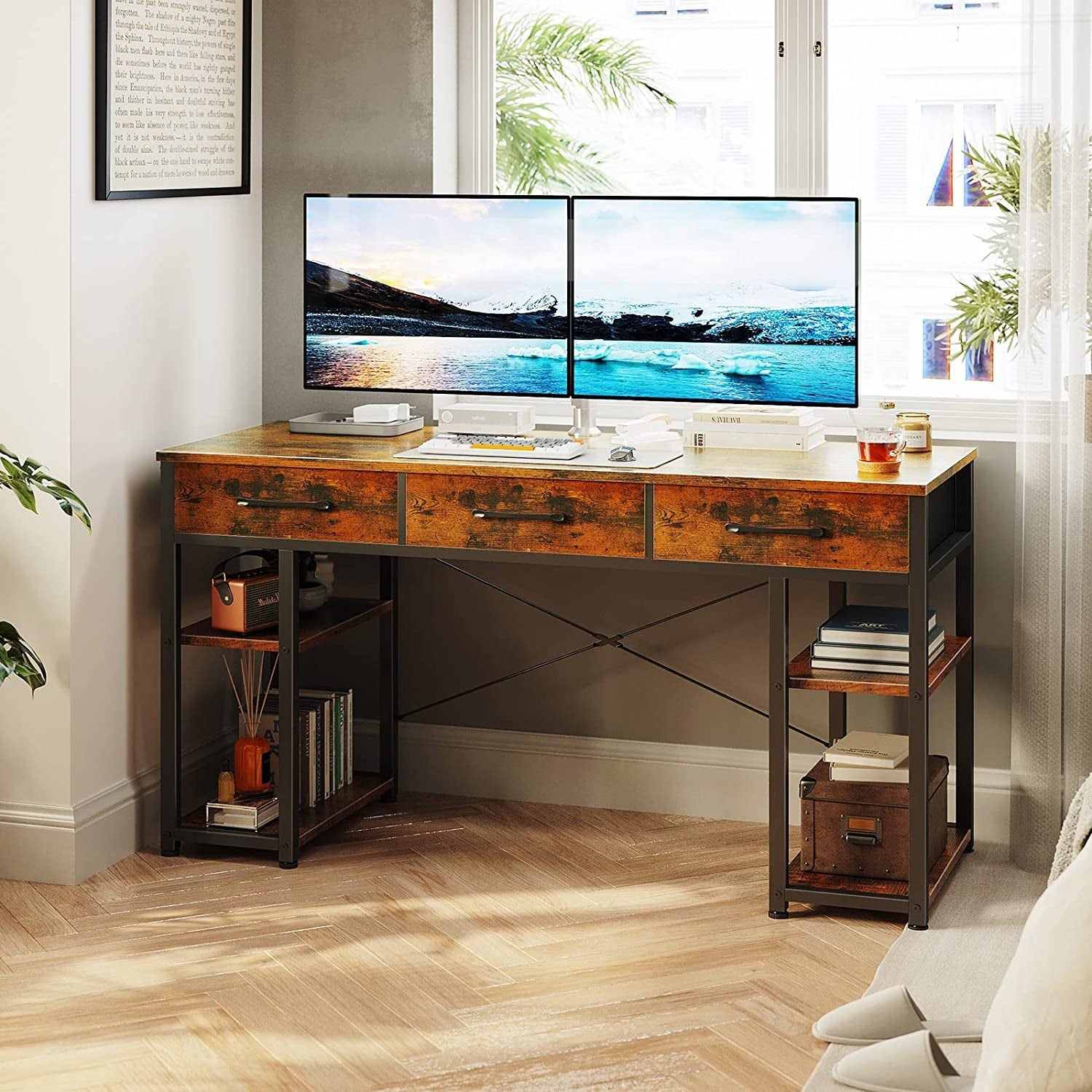 Vintage Writing Desk with Storage Shelves-4