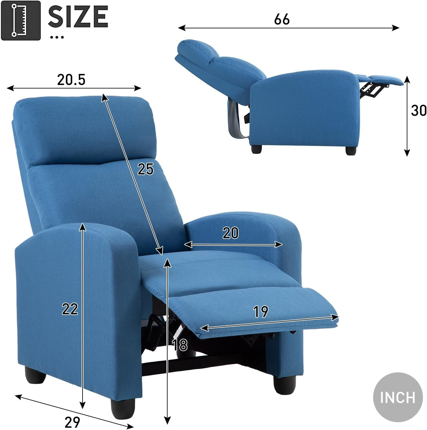 Recliner Chair Single Reclining Sofa Home Theater Seating with Lumbar Support and Padded Backrest for Living Room and Bedroom (Fabric, Blue)-1