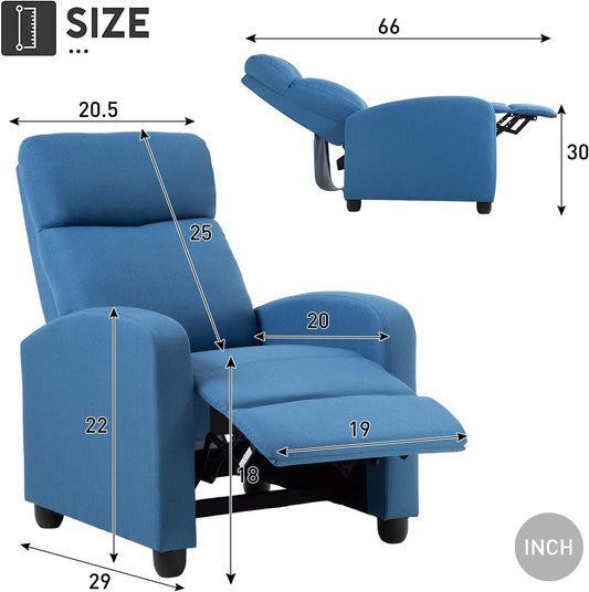Recliner Chair Single Reclining Sofa Home Theater Seating with Lumbar Support and Padded Backrest for Living Room and Bedroom (Fabric, Blue)-1