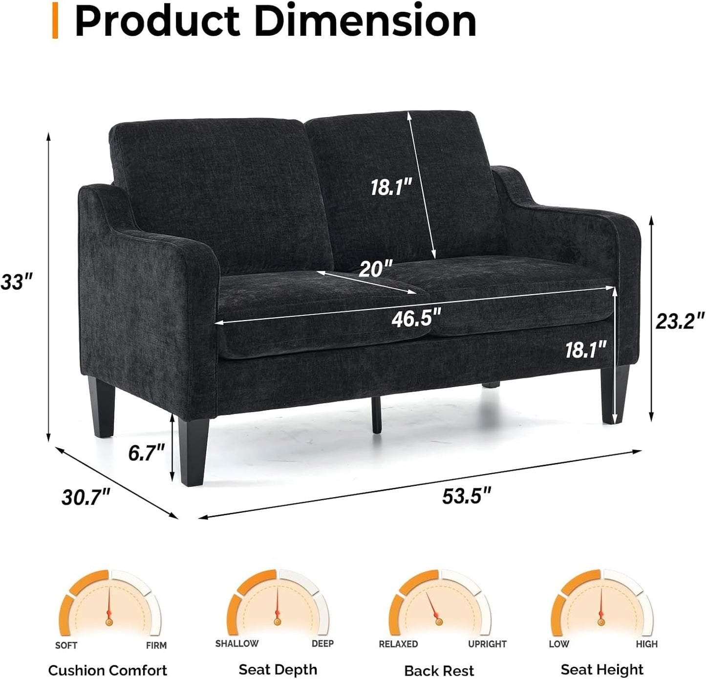 Loveseat Sofa Set for Living Room, Mid-Century Modern Couch and Love Seat Set,53" Loveseat+71" Small Couch for Bedroom Sofa Furniture for Small Spaces Apartment (Black)-3