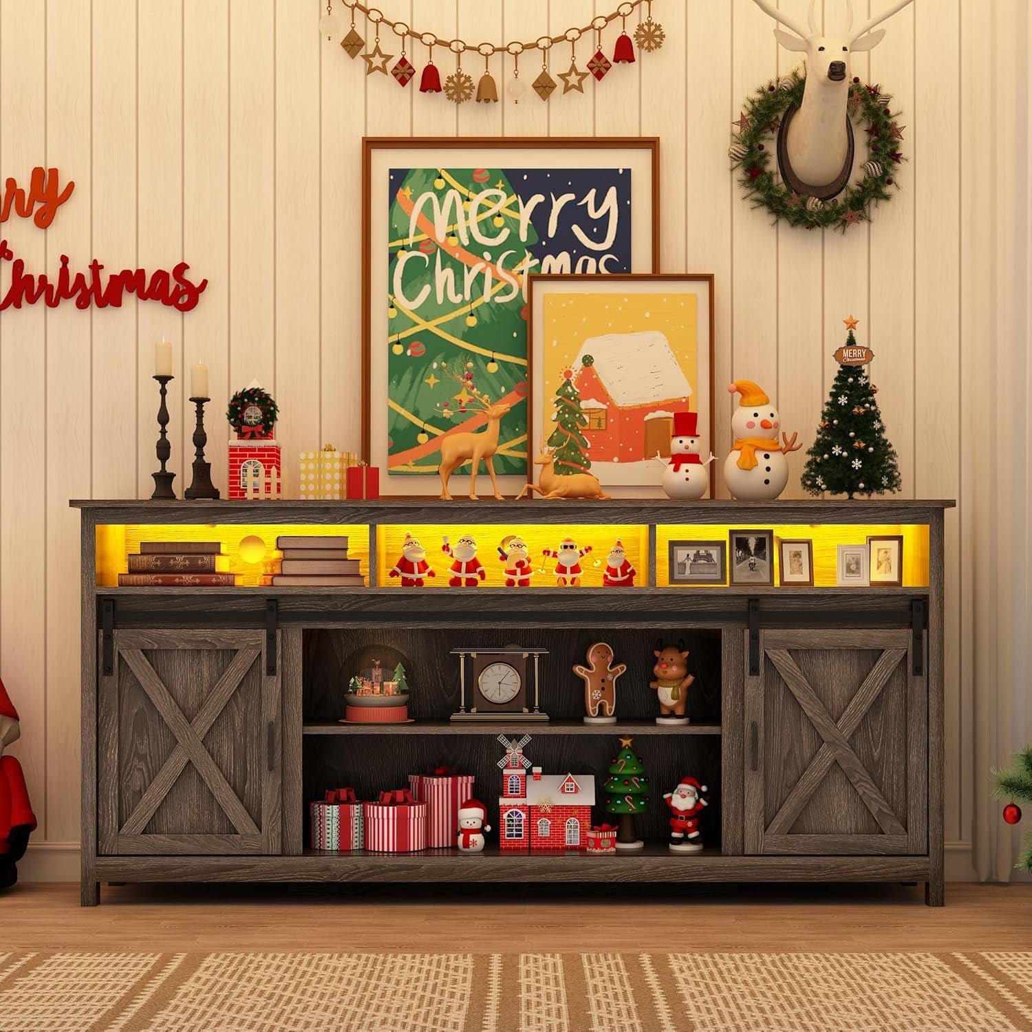 70In Wooden Farmhouse Entertainment Center for 80/75 Inch Tv,Double Layer Storage Farmhouse TV Stand,Double-Row Sockets with Wood Sliding Barn Door TV Stand(Double Layer Grey Wash)-1