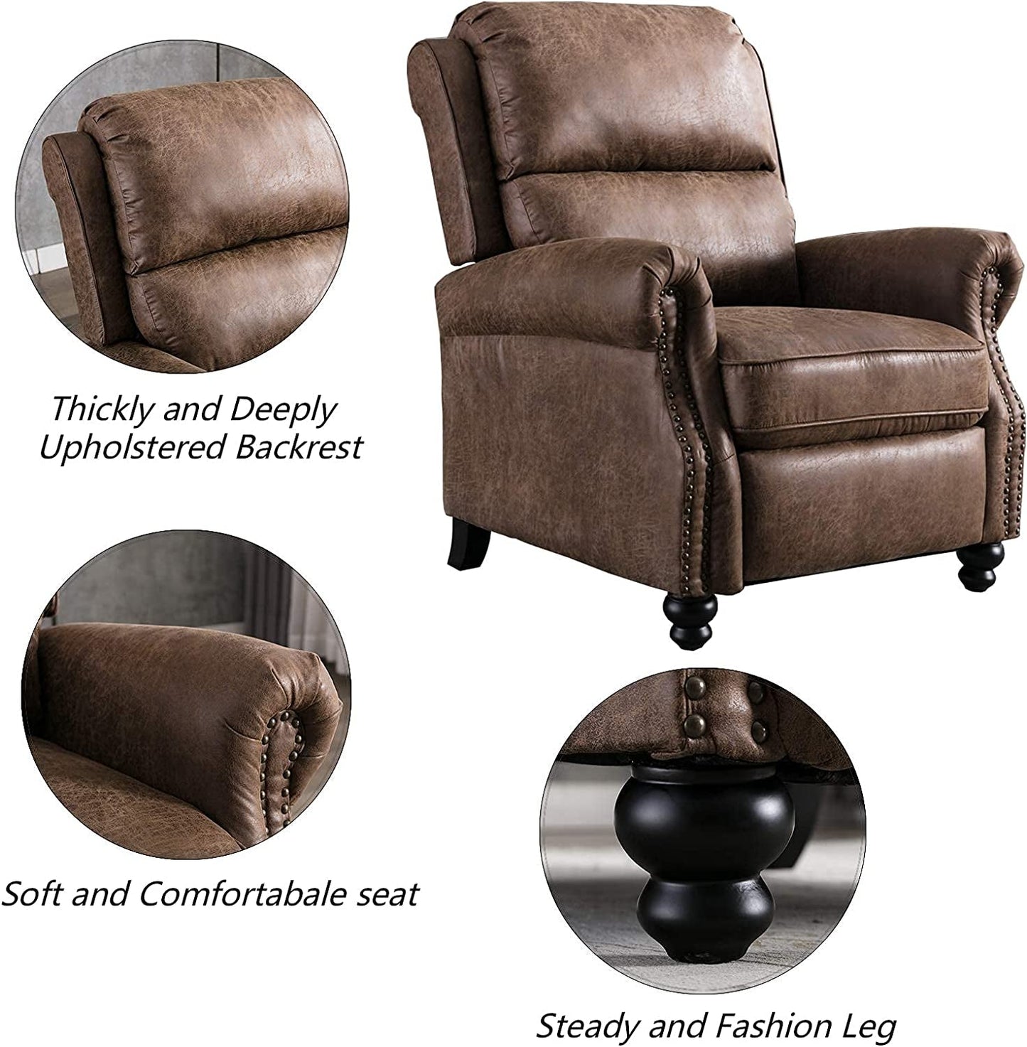 Pushback Recliner Chair, Leather, Rivet Decoration, Chocolate-3