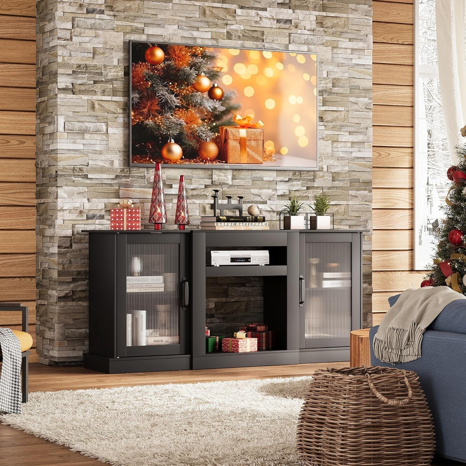 Retro TV Stand for 65 Inch TV, TV Console Cabinet with Storage, Open Shelves Entertainment Center for Living Room and Bedroom, Black-1