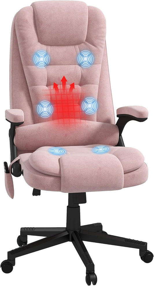 6 Point Vibrating Massage Office Chair with Heat, Velvet High Back Executive Office Chair with Reclining Backrest, Padded Armrests and Remote, Pink-0