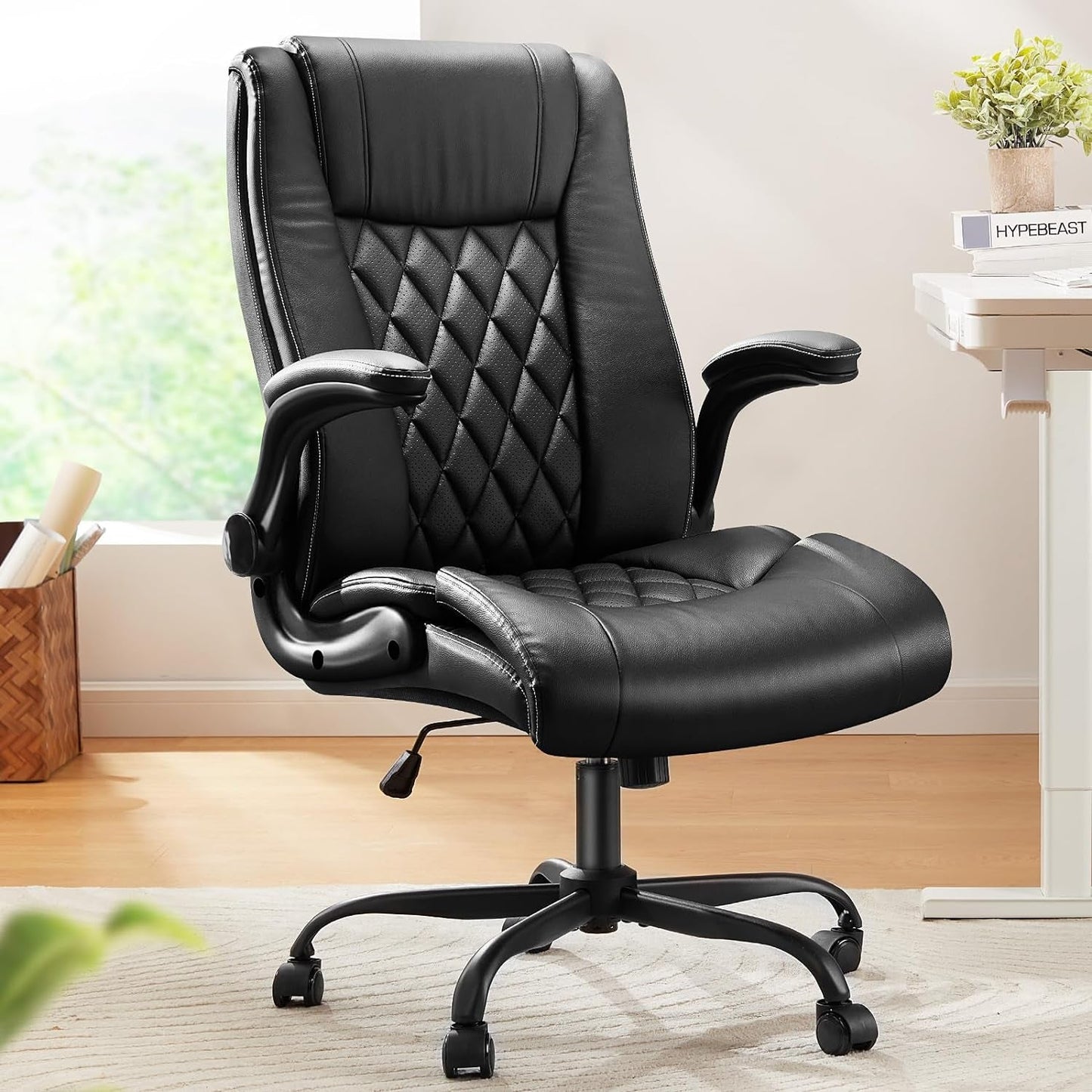 Executive Office Chair with Flip-Up Armrests,Pu Leather Ergonomic Desk Chair Height-Adjustable Swivel Rolling Computer Desk Chair,Black-0