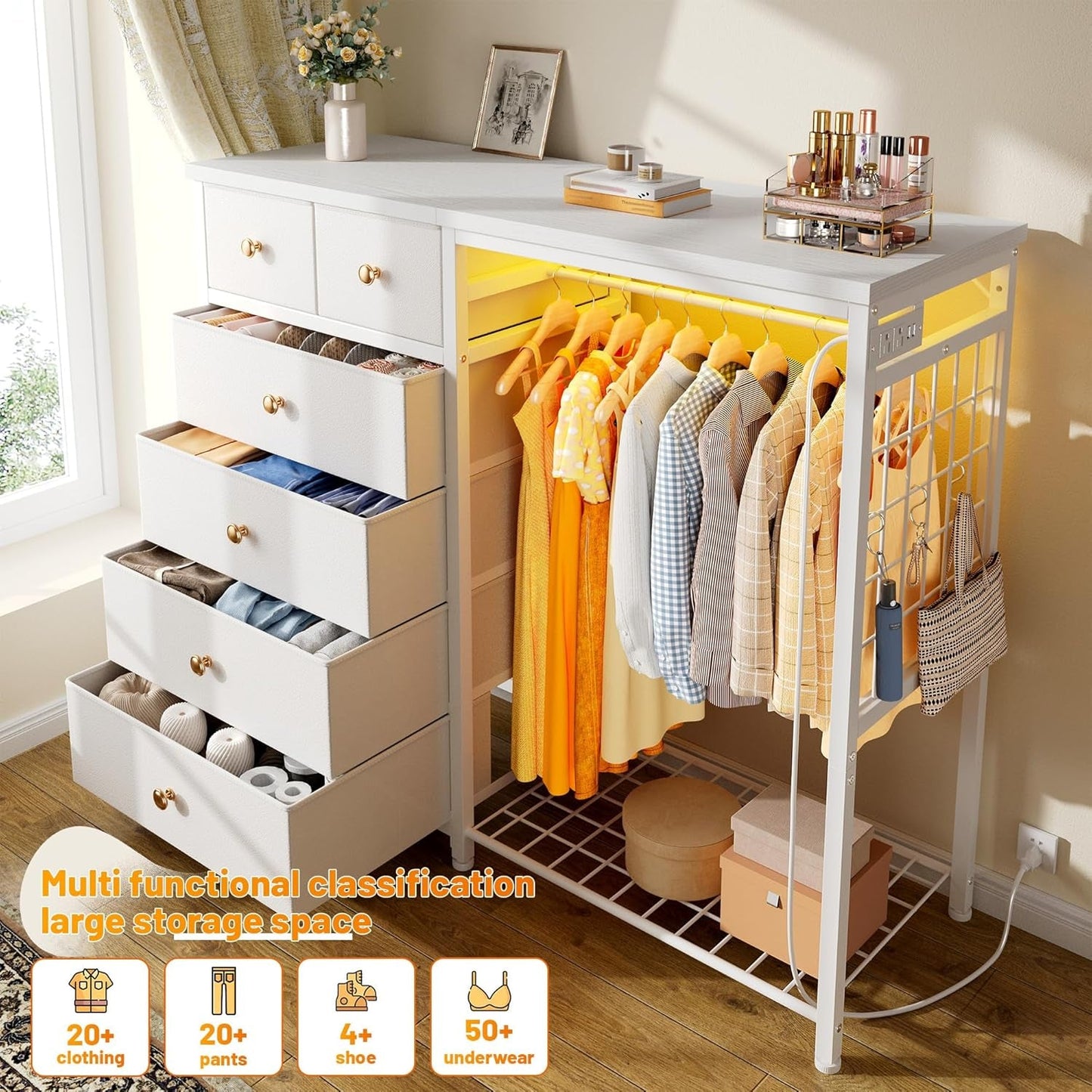 49.2" W White Dresser for Bedroom with Hanging Rack,6 Drawer Dresser with LED Lights & Charging Station, Fabric Dressers & Chest of Drawer with Clothes Rack, Wooden Top, Grid Panel, Closet-2