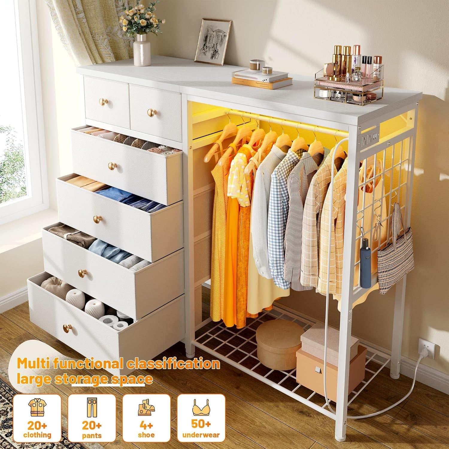 49.2" W White Dresser for Bedroom with Hanging Rack,6 Drawer Dresser with LED Lights & Charging Station, Fabric Dressers & Chest of Drawer with Clothes Rack, Wooden Top, Grid Panel, Closet-2