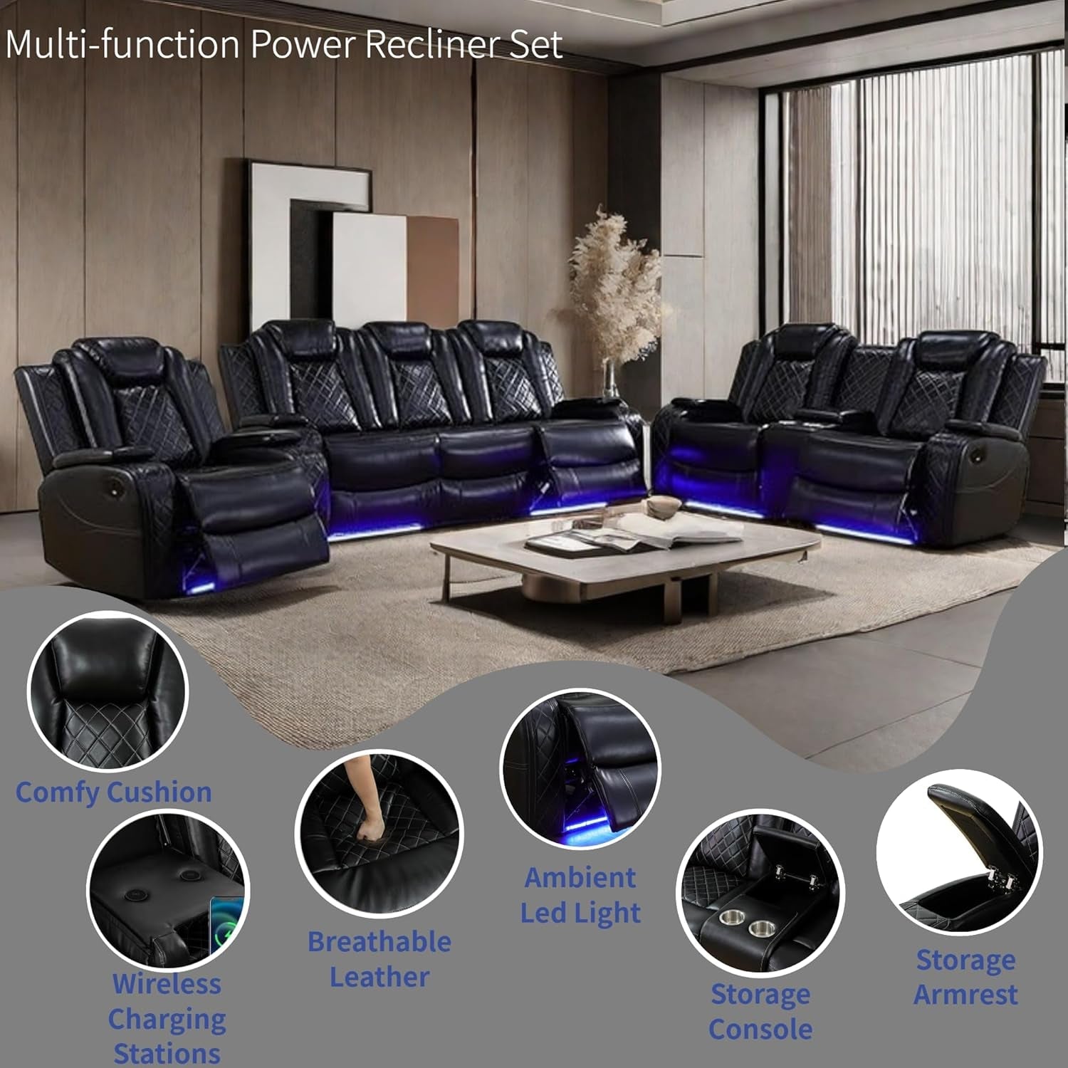 Power Recliner Set with LED Lights, Air Leather Reclining Set with USB Port/Wireless Charger/Storage Console/Cup Holder for House/Hometheater/Apt (Black, Sofa Loveseat Chair)-2