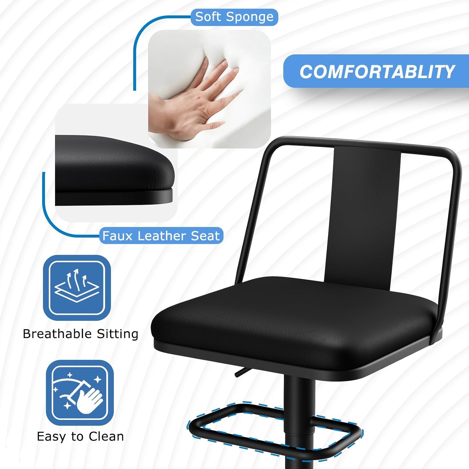 Metal Swivel Barstools Set of 2, Enlarged PU Leather Seat with Metal Back, Adjustable from 24" to 33" for Counter Height & Bar Height, Modern Design for Kitchen and Restaurant,Matteblack-2