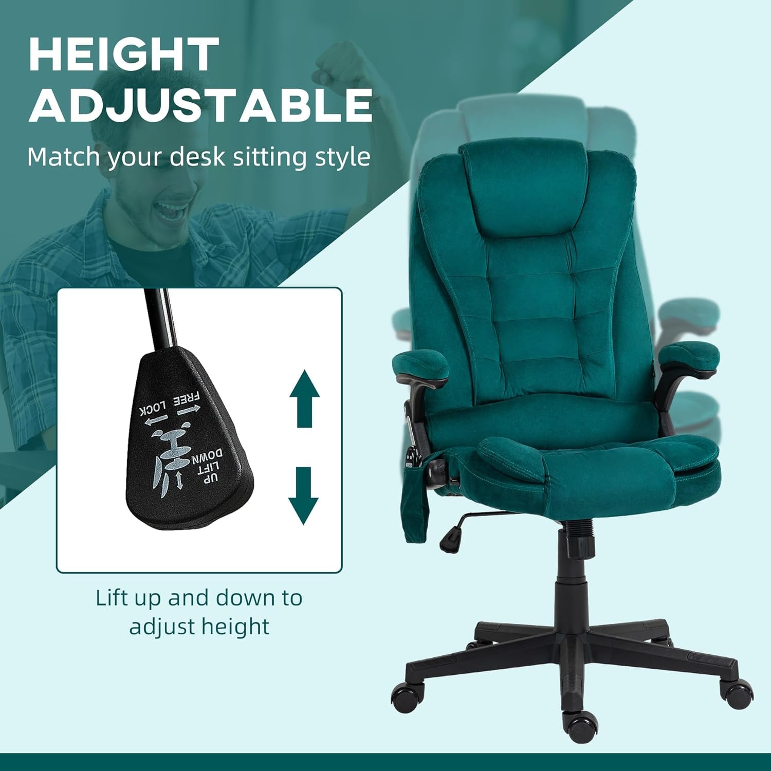 6 Point Vibrating Massage Office Chair with Heat, Velvet High Back Executive Office Chair with Reclining Backrest, Padded Armrests and Remote, Dark Green-4