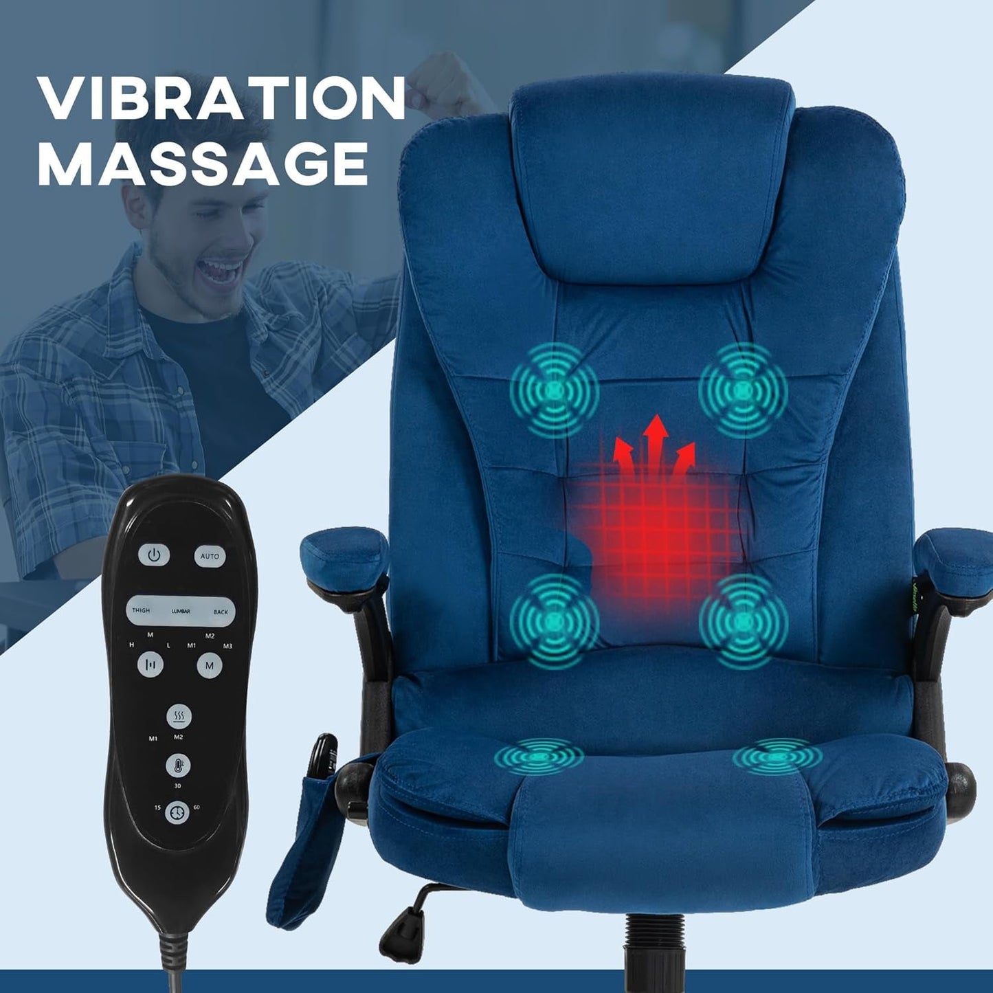 6 Point Vibrating Massage Office Chair with Heat, Velvet High Back Executive Office Chair with Reclining Backrest, Padded Armrests and Remote, Drak Blue-3