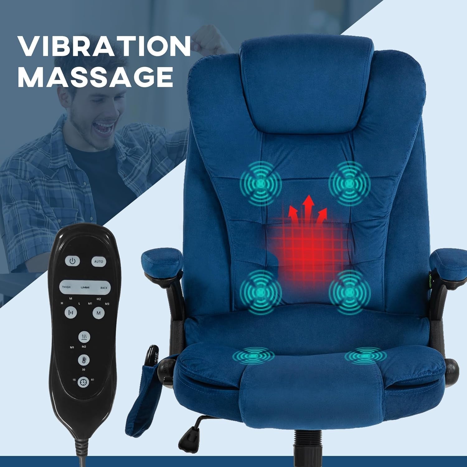 6 Point Vibrating Massage Office Chair with Heat, Velvet High Back Executive Office Chair with Reclining Backrest, Padded Armrests and Remote, Drak Blue-3