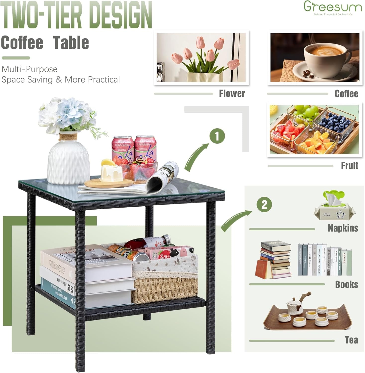 3 Pieces Patio Furniture Set Outdoor Wicker Rocking Chairs with Glass Coffee Table for Garden Backyard Porch Poolside, Beige-4