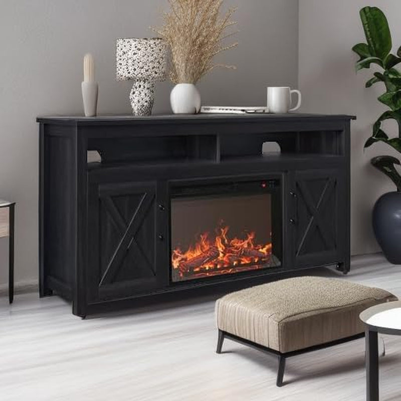58" Farmhouse Fireplace TV Stand for Tvs up to 65", 23" Electric Fireplace Heater with Sound, Entertainment Center Media Console Table Barn Door Storage Cabinets for Living Room - Rustic Grey-4