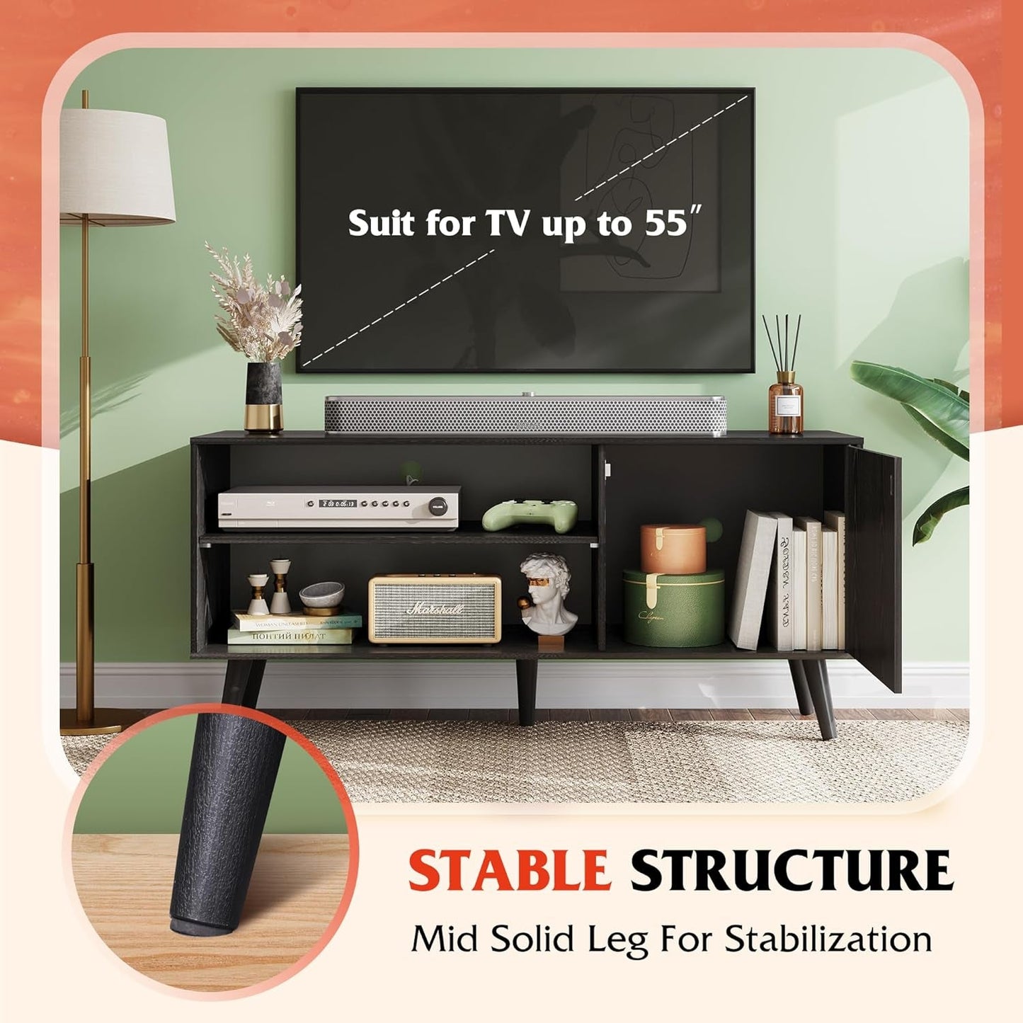 TV Stand for 55 Inch Tvs, Entertainment Center with Storage Cabinet, Mid-Century TV Stands for Living Room and Bedroom, 50" TV Console, Black-4