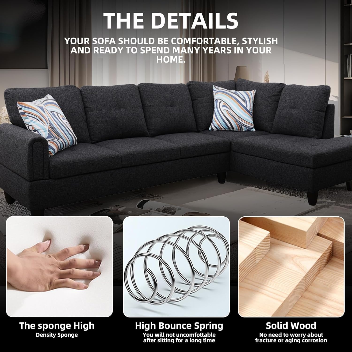 L Shaped Sectional Couch Sofa with Ottoman, Modern Couches for Living Room, Microfiber Facing, Bedroom-2